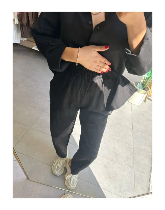 MetuCa Kadın Siyah Gabardin Takım: Oversize Gömlek & Beli Lastikli Havuç Kesim Pantolon