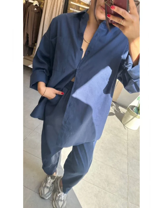MetuCa Kadın Lacivert Gabardin Takım: Oversize Gömlek & Beli Lastikli Havuç Kesim Pantolon