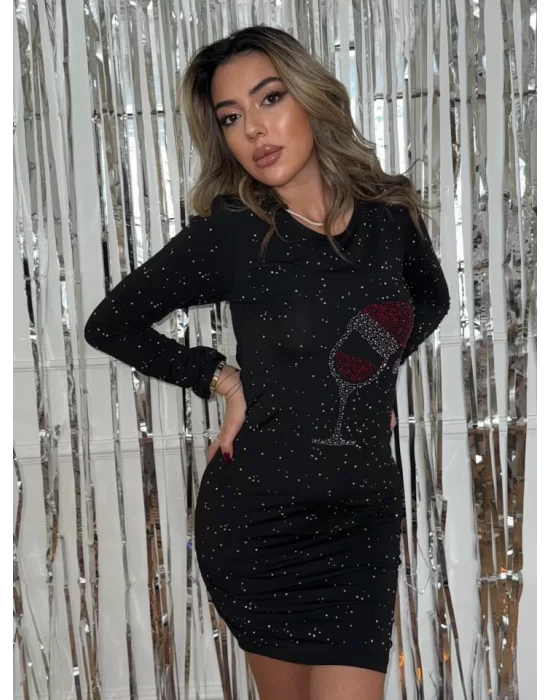 Kadın Yılbaşı özel Uzun Kollu Taş Kadeh Baskı Mikro Mini Boy Elbise