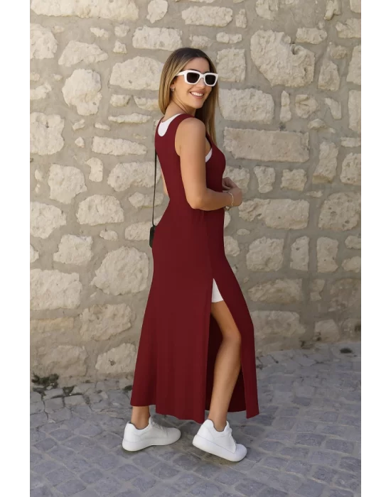 Kadın Yırtmaç Detaylı Viskon Kumaş Maxi Boy Cepli Iç Dahil Ikili Elbise