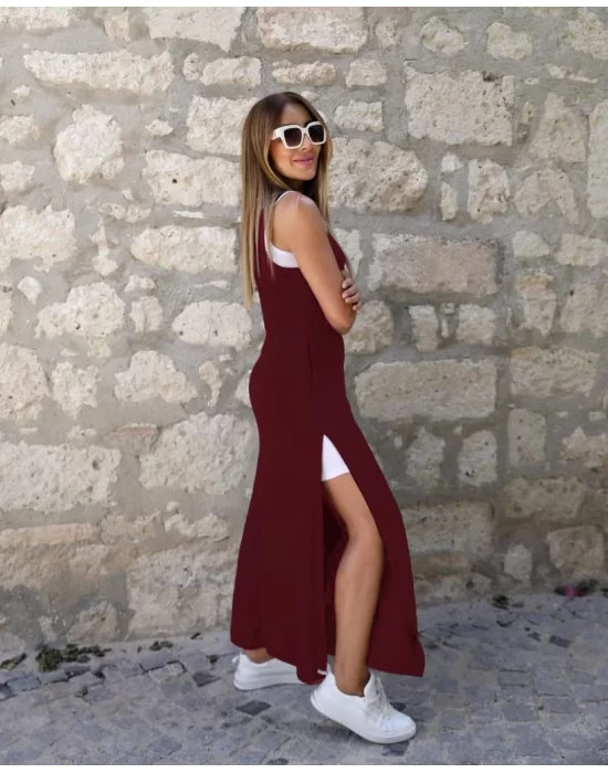 Kadın Yırtmaç Detaylı Viskon Kumaş Maxi Boy Cepli Iç Dahil Ikili Elbise