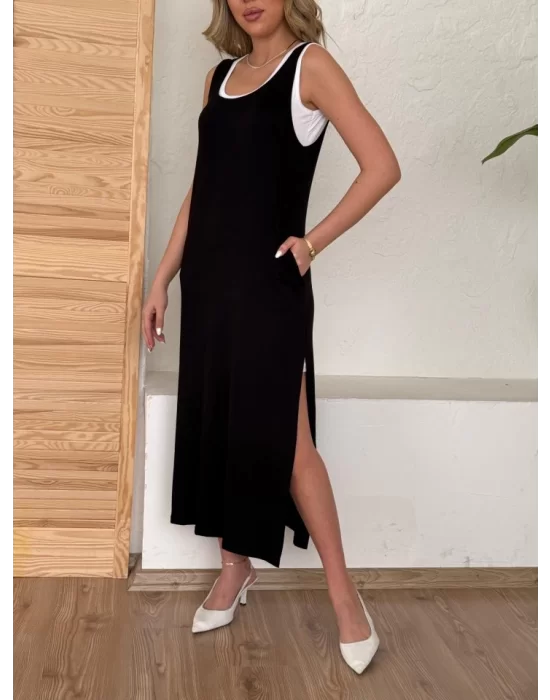 Kadın Yırtmaç Detaylı Viskon Kumaş Maxi Boy Cepli Iç Dahil Ikili Elbise