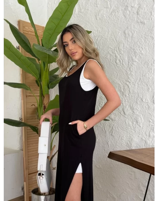 Kadın Yırtmaç Detaylı Viskon Kumaş Maxi Boy Cepli Iç Dahil Ikili Elbise