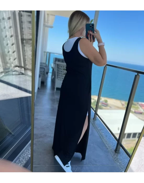 Kadın Yırtmaç Detaylı Viskon Kumaş Maxi Boy Cepli Iç Dahil Ikili Elbise