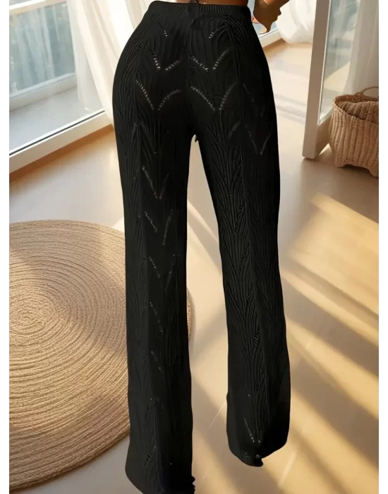 Kadın Yüksek Bel Bağcıklı Desenli Triko Plaj Pantolon