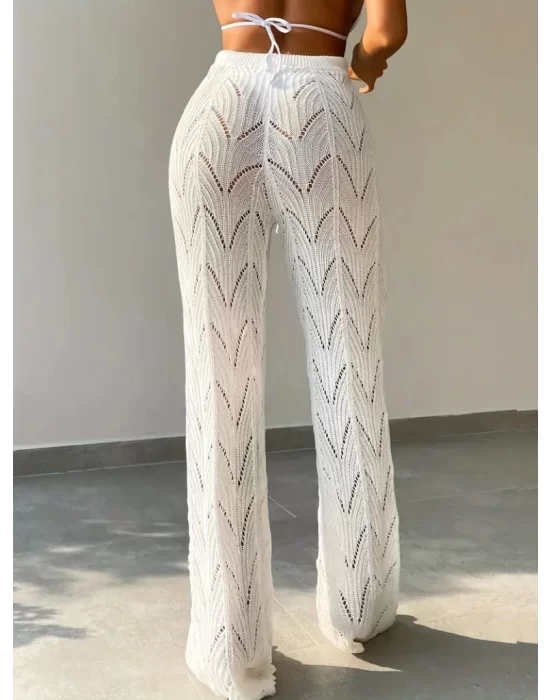 Kadın Yüksek Bel Bağcıklı Desenli Triko Plaj Pantolon
