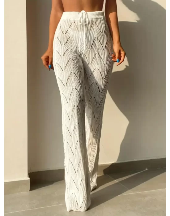Kadın Yüksek Bel Bağcıklı Desenli Triko Plaj Pantolon