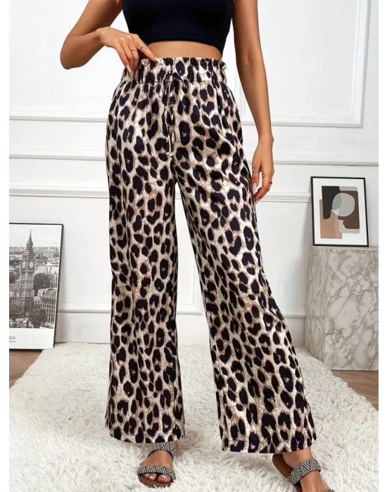 Kadın Yüksek Bel Beli Lastikli Bağcıklı Leopar Desenli Süprem Pantolon