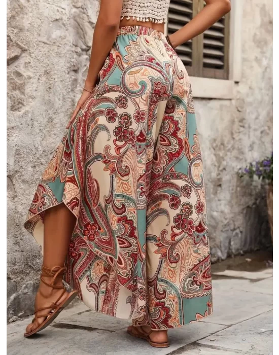 Kadın Yüksek Bel Beli Lastikli Desenli Geniş Paçalı Süprem Pantolon