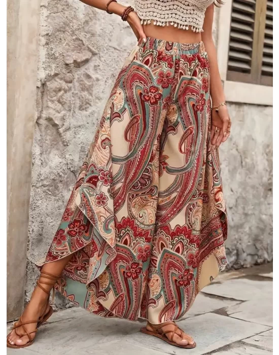 Kadın Yüksek Bel Beli Lastikli Desenli Geniş Paçalı Süprem Pantolon