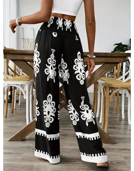 Kadın Yüksek Bel Büzgülü Etnik Desen Baskılı Süprem Pantolon