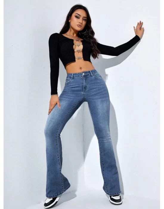 Kadın Yüksek Bel Cepli İspanyol Paçalı Kot Jeans Pantolon