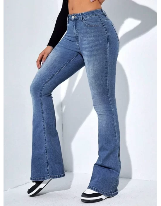 Kadın Yüksek Bel Cepli İspanyol Paçalı Kot Jeans Pantolon