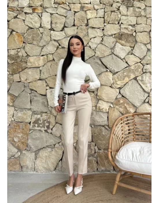 Kadın Yüksek Bel Dar Paça Kemer Dahil Kumaş Pantolon