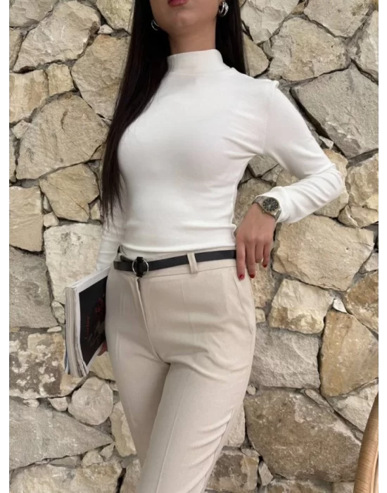 Kadın Yüksek Bel Dar Paça Kemer Dahil Kumaş Pantolon