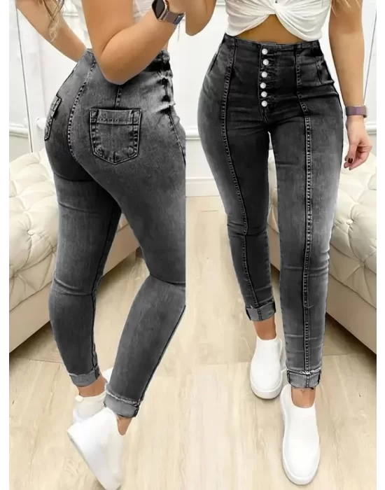 Kadın Yüksek Bel önden Düğmeli Jean Pantolon