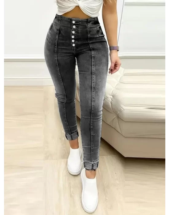 Kadın Yüksek Bel önden Düğmeli Jean Pantolon