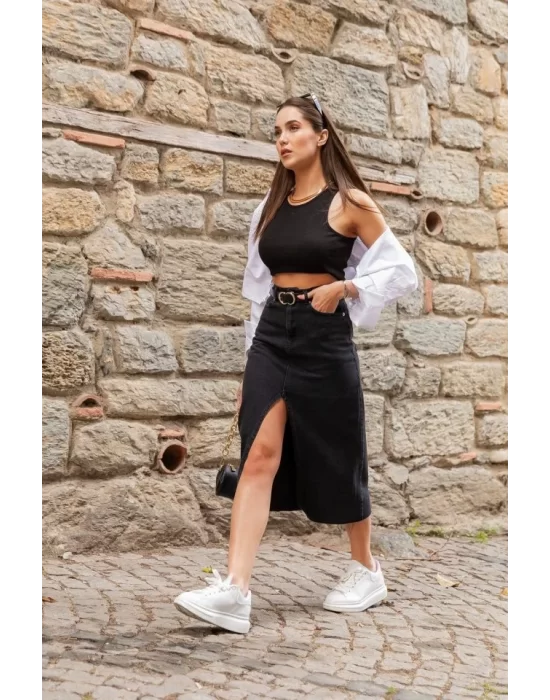 Kadın Yüksek Bel önden Yırtmaçlı Cepli Midi Kot Etek