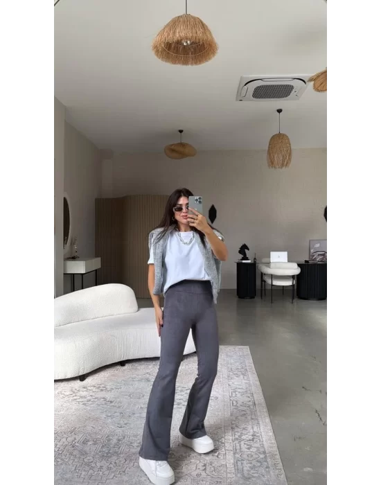 Kadın Yüksek Bel Süet Kumaş Ispanyol Paça Detay Pantolon
