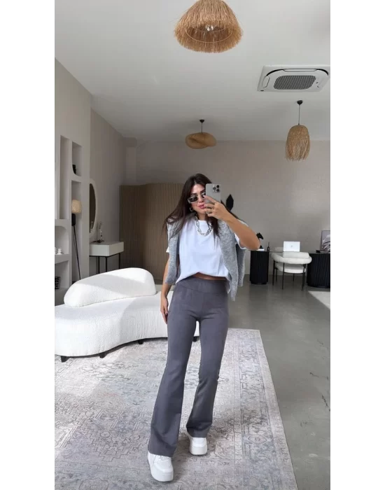 Kadın Yüksek Bel Süet Kumaş Ispanyol Paça Detay Pantolon