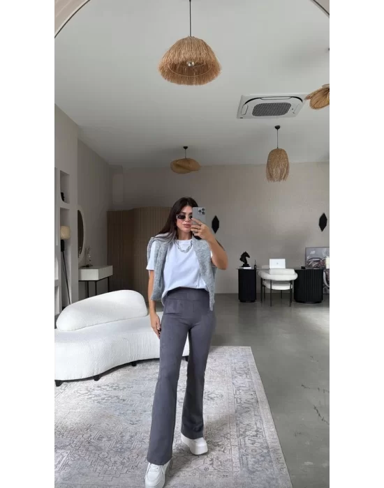 Kadın Yüksek Bel Süet Kumaş Ispanyol Paça Detay Pantolon