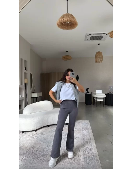 Kadın Yüksek Bel Süet Kumaş Ispanyol Paça Detay Pantolon