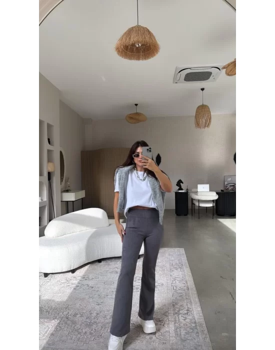 Kadın Yüksek Bel Süet Kumaş Ispanyol Paça Detay Pantolon