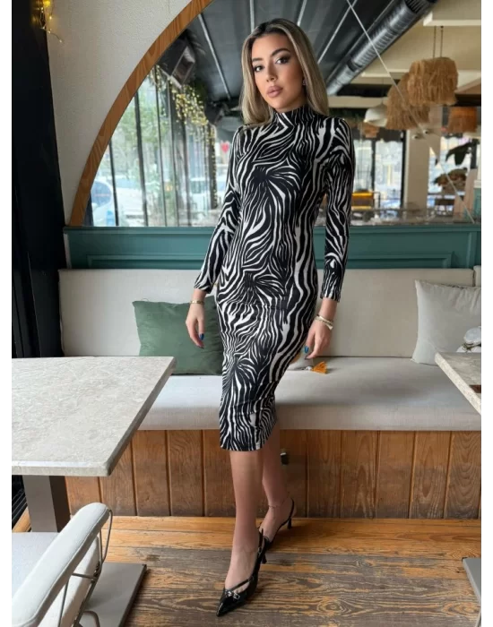 Kadın Zebra Desen Süet Kumaş Fırsat ürün Midi Boy Elbise