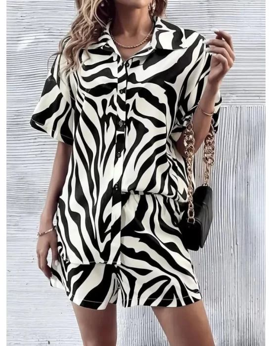 Kadın Zebra Desenli Pamuk-Polyester Kumaş İkili Takım