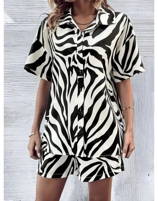 Kadın Zebra Desenli Pamuk-Polyester Kumaş İkili Takım