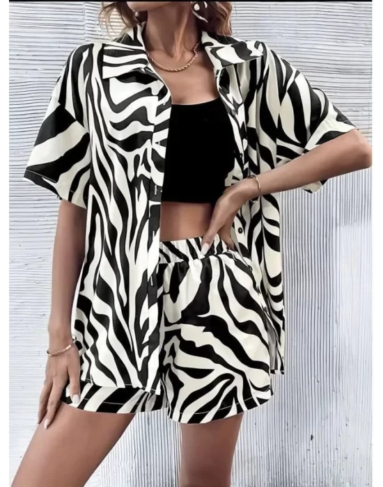 Kadın Zebra Desenli Pamuk-Polyester Kumaş İkili Takım