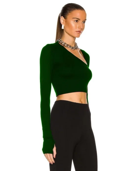 Kadın Zümrüt Yeşili Uzun Kol Ipek Jarse Crop Top