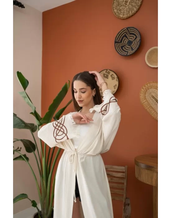 Yeşil Baskı Detay Keten Hırka