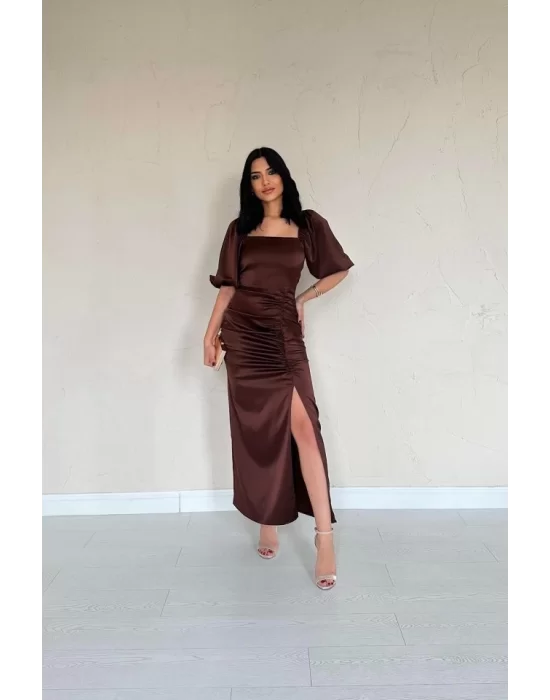 Bordo Büzgülü Saten Elbise