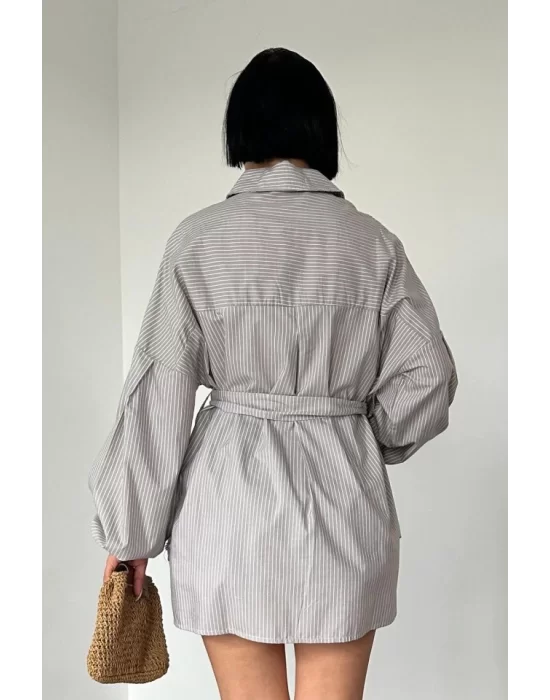 Kahverengi Çizgili Poplin Kuşaklı Gömlek
