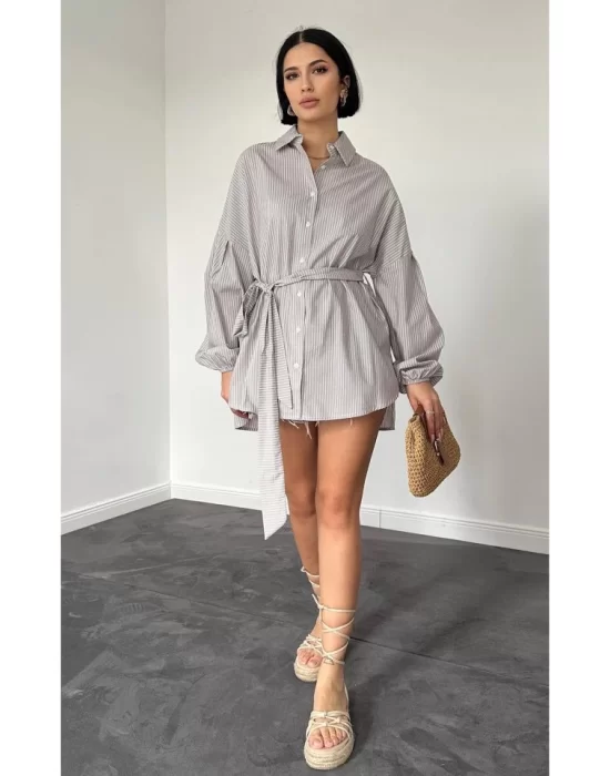 Kahverengi Çizgili Poplin Kuşaklı Gömlek