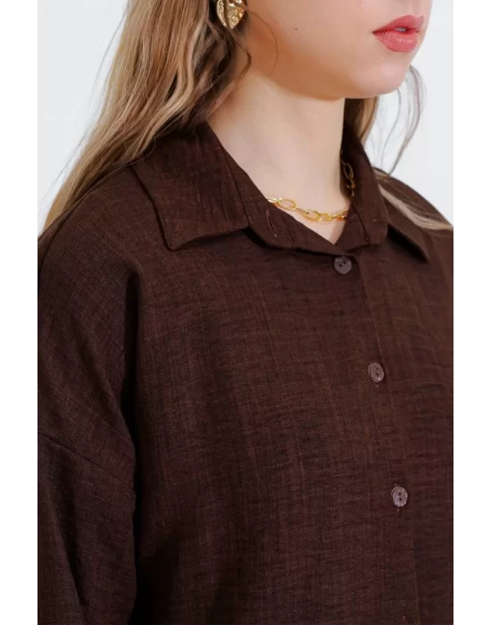 Kahverengi Oversize Keten Alt Üst Takım 6622