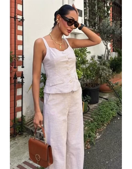 Kalın Askılı Bluz Pantolon Keten Takım 10187
