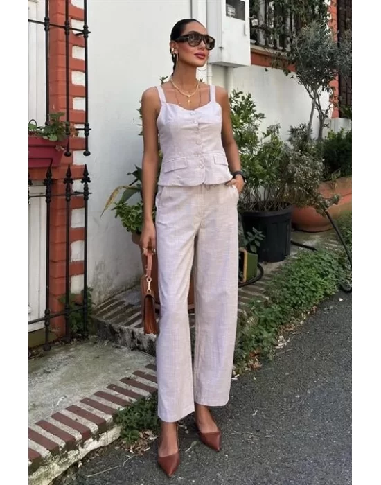 Kalın Askılı Bluz Pantolon Keten Takım 10187