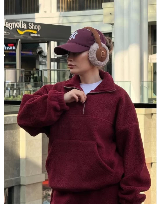 Kalın Polar Yakalı Fermuarlı Sweat Pantolonlu Takım - Bordo