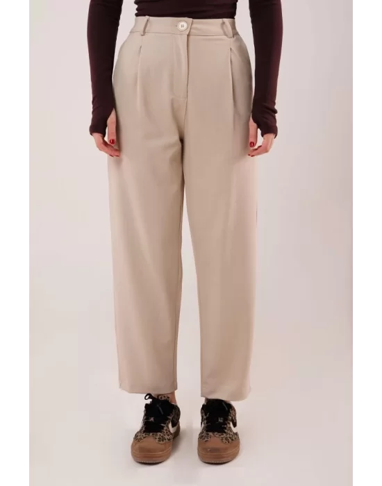 Kapama Cep Detaylı Krem Pantolon