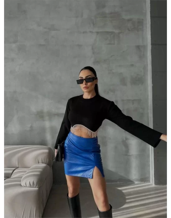 KAPİTONE DERİ ETEK YIRTMAÇLI - Saks