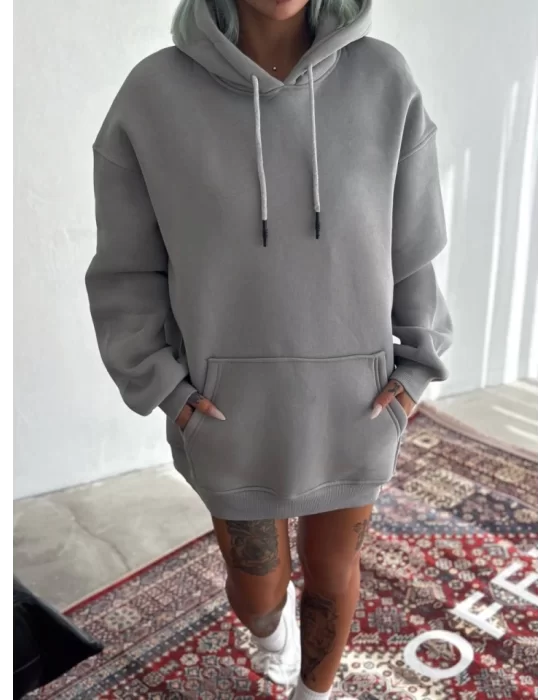 Kapşonlu Üç İplik Penye Basic SweatShirt - Boyalı Gri