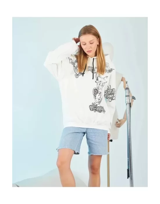 Kapüşonlu Strong Heykel Baskılı Sweatshirt - Beyaz