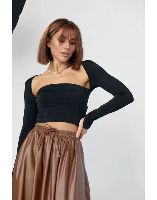 Kara Yaka Uzun Kollu Crop - Siyah
