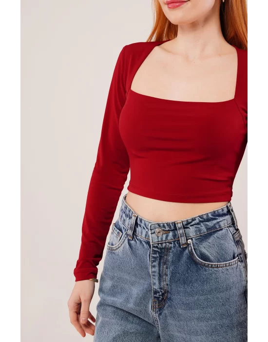Kare Yaka Basic Bordo Bluz