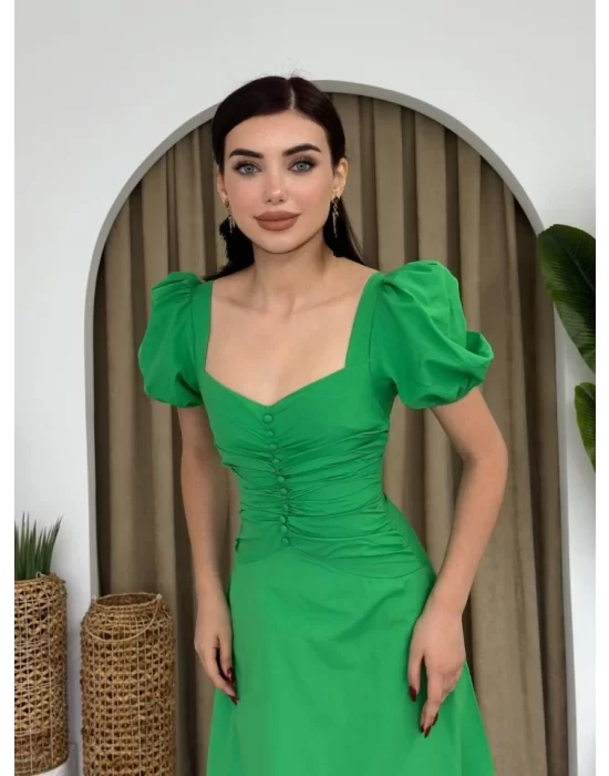 Kare Yaka Düğmeli Elbise