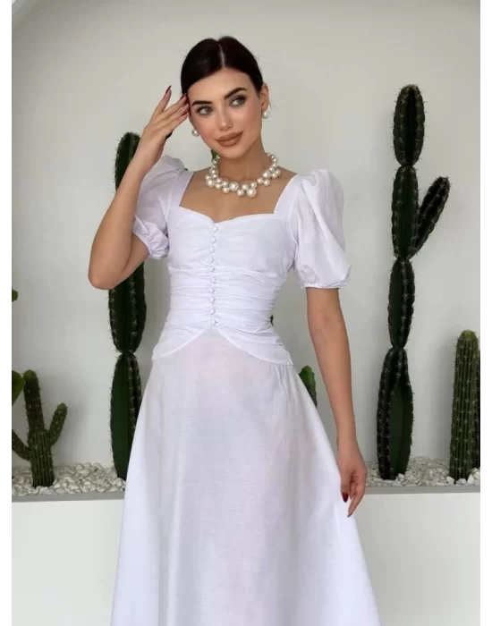 Kare Yaka Düğmeli Elbise