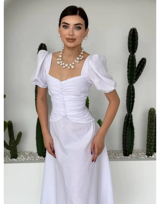 Kare Yaka Düğmeli Elbise