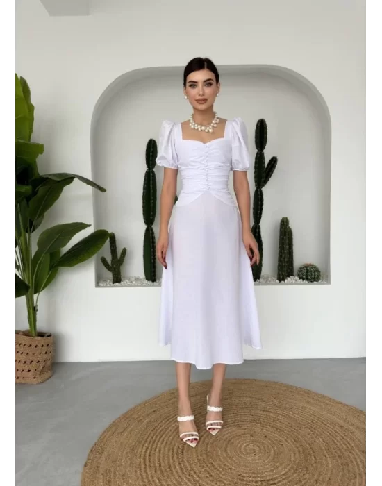 Kare Yaka Düğmeli Elbise